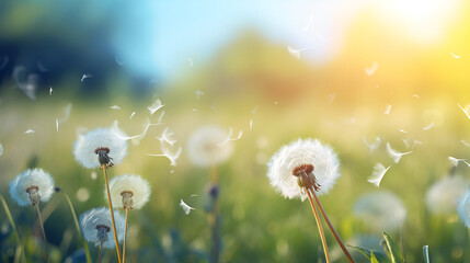 Natural Herb Dandelion Grass A Background With Beautiful Bokeh In Lawn Garden   - obrazy, fototapety, plakaty