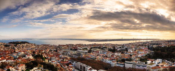 Aerial view of Lisbon, Portugal on a cloudy winter day