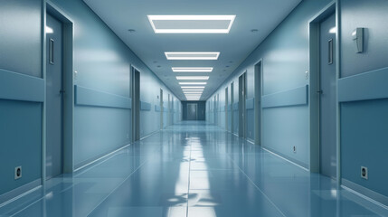 Hospital corridor floor with rooms background, empty space scene