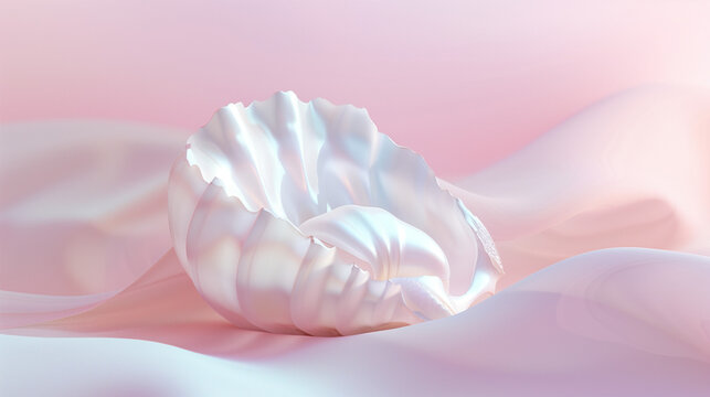 A delicate seashell lies on flowing soft pink and white fabric, symbolizing tranquility