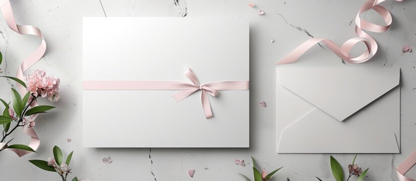 Mockup featuring a top-down view of a letterhead and envelope set with decorative elements like a pink ribbon and empty space for copy and logos on a white background.