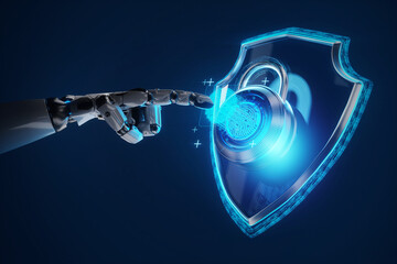 Artificial intelligence, robot, shield and lock with fingerprint hologram, fingerprint scanner. Data protection, cyber security, information security, data privacy. Mixed media.
