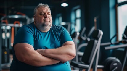 Fototapeta na wymiar An overweight senior man in the gym preparing to play sports, the concept of an active life in any age, taking care of the body and building a relationship with weight