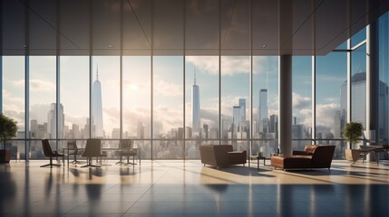 A sleek corporate headquarters with floor-to-ceiling windows overlooking a city skyline,...