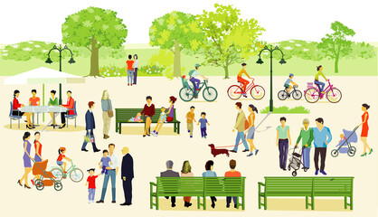 Erholung im Park  mit Familien und andere Personen, Illustration - 767068779