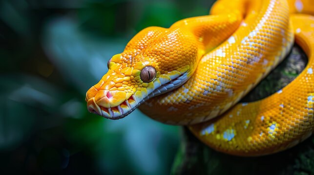 Macro shot of a yellow python snake in the jungle