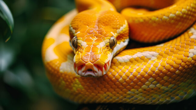 Macro shot of a yellow python snake in the jungle