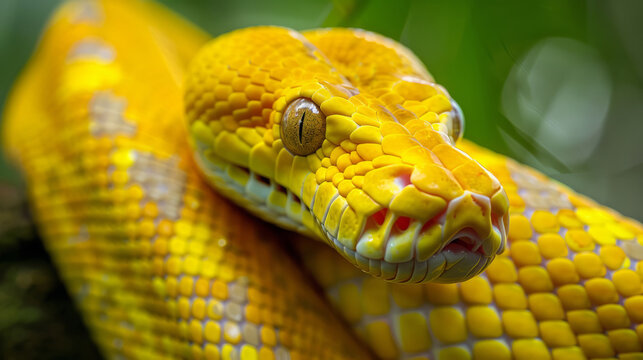 Macro shot of a yellow python snake in the jungle