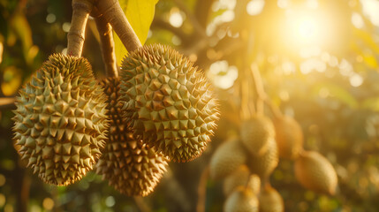 Durian fruit on the tree. Tropical fruit - obrazy, fototapety, plakaty