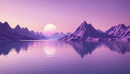 Fotobehang 3d render, abstract minimalist geometric background. Surreal violet sunset landscape with reflection in the water. Futuristic aesthetic wallpaper © Fukurou