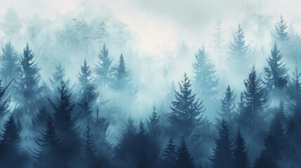 Misty pine forest background - obrazy, fototapety, plakaty