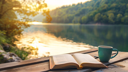 An open book and a coffee cup are placed on a wooden table next to a beautiful river view in dusk time as a background with a relaxed ambience. Background for relaxation, vacation and rest time. - obrazy, fototapety, plakaty