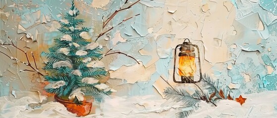 Christmas Lantern in pot with a small tree outside. Winter Holiday Scene. Snow, fire light, and old-style lantern in the evening. New Year art.