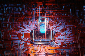 Processor and lock with fingerprint hologram, fingerprint scanner. Data protection, cyber security, information security, data privacy. 3D rendering, 3D illustration