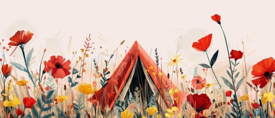 A red book cover with a hand drawn quote on a white background, resembling a tent with a bookworm inside. Education and Recreation Concept. Flat modern illustration.