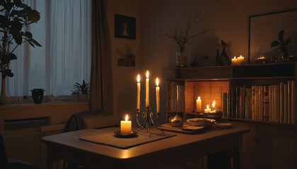 Cozy winter night, candlelight illuminates tranquil domestic room colorful background