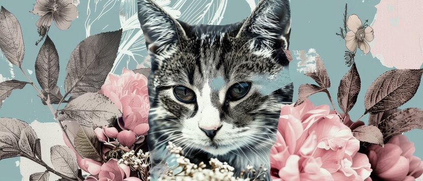 Stunning image of a gobble-eyed cat wearing a wreath of flowers on its head. Lovely fluffy pet in spring or winter.