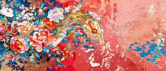 An elegant red Chinese New Year 2020 greeting card with a golden rat in a circle and flowers. Golden calligraphy 2020 with Chinese character Hieroglyph (Translation: Happy New Year).