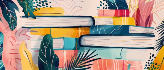 So many books so little time. Stack of opened books isolated on white background. Hand drawn flat colourful modern illustrations.