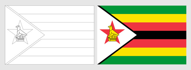 Zimbabwe flag - coloring page. Set of white wireframe thin black outline flag and original colored flag.