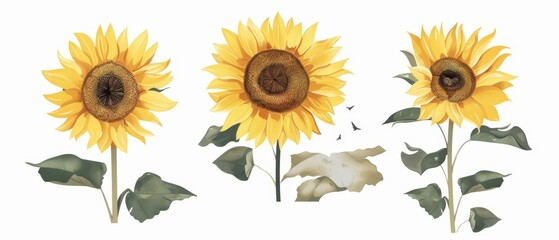 The modern illustration shows three handdrawn sunflowers on white background. This template can be used for sunflower oil packaging, natural cosmetics, and health care. - obrazy, fototapety, plakaty