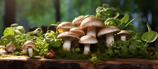 Foto op Canvas A variety of mushrooms, part of the fungi kingdom, is flourishing on a tree stump in a natural landscape. This groundcover adds diversity to the terrestrial plantfilled wood © AkuAku