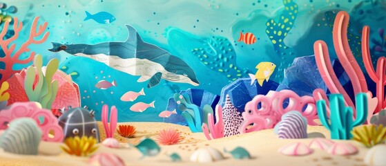 Marine life on sea bottom with ankor on sand. Hand drawn flat cartoon background. Underwater world. Illustration of Undersea Landscape. - obrazy, fototapety, plakaty