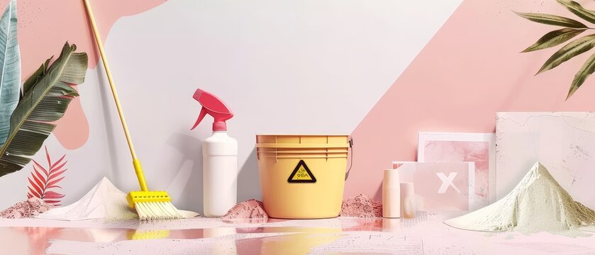 Modern web banner concept showing yellow caution wet floor sign, red plastic bucket, mop, latex gloves. Modern illustration.