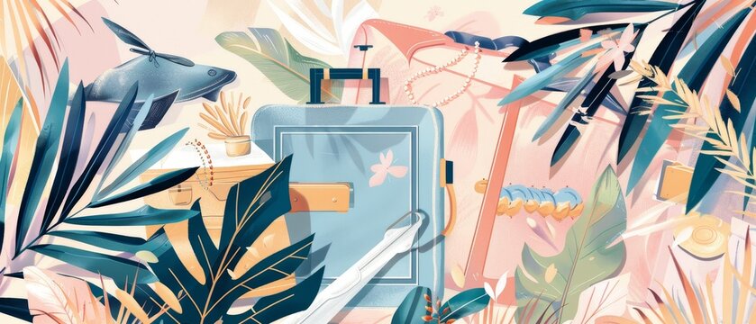 A modern illustration showing an open suitcase with many items inside on a background of tropical palm leaves. Let's Go Travel concept in modern format.