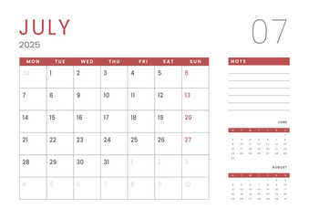 Monthly page Calendar Planner Templates of July 2025. Vector layout of simple calendar with week start Monday for print. Page for size A4 or 21x29.7 cm