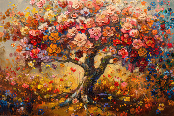 Painting of a tree with colorful flowers in the autumn season