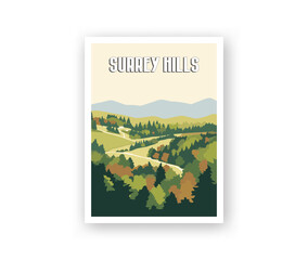 Surrey Hills Illustration Art. Travel Poster Wall Art. Minimalist Vector art