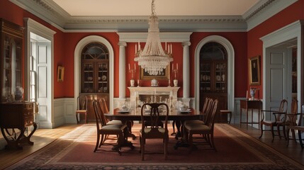 Historic Colonial estate dining room with pedimented entryways crown molding and Palladian windows. - obrazy, fototapety, plakaty