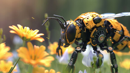 Robot bee sitting on a flower collection nectar and pollen to save the environment - obrazy, fototapety, plakaty