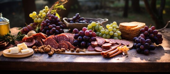 An elegant wood table adorned with a delicious spread of grapes, meat, cheese, and nuts for a...