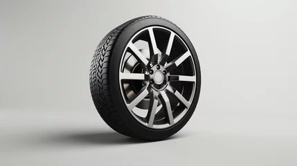 Fotobehang 3D rendering of a single black alloy wheel with a tire on a white background. © Pixel
