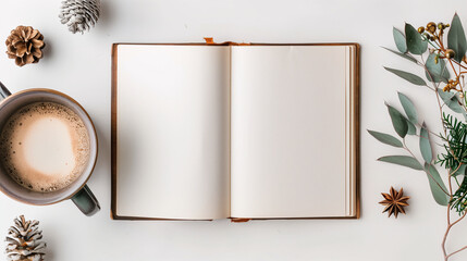 Mock-up of blank pages of an open notebook with copy-space for text on a white background with a coffee cup, winter stuff and coffee shop ornaments decoration. - obrazy, fototapety, plakaty