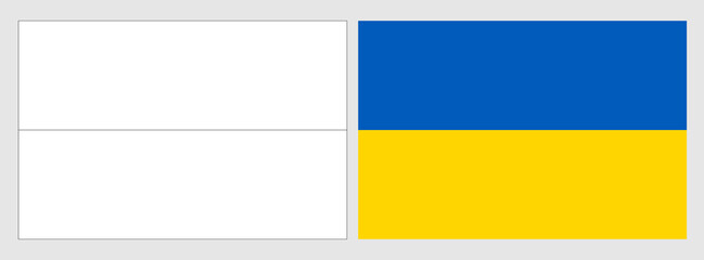 Ukraine flag - coloring page. Set of white wireframe thin black outline flag and original colored flag.