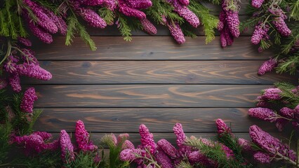 Beautiful fresh lilac border on wooden background for holiday decoration