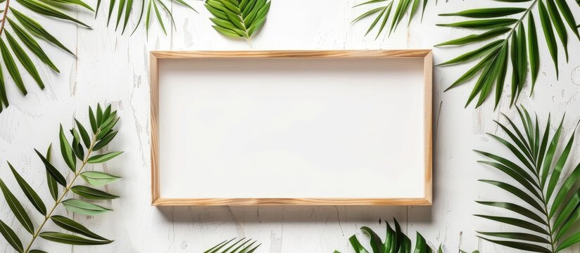 A photo frame mock-up is displayed on a white background with tropical palm leaves, conveying a summer theme. The image is captured from a flat lay, top-down perspective,