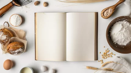 Poster Mock-up of blank pages of an open notebook with copy-space for text on a white background with bread, cooking and baking stuff and ingredient ornaments decoration. © Kanlayarawit