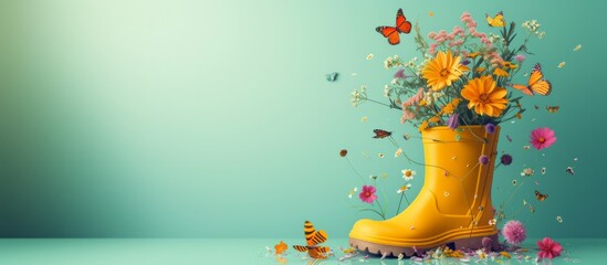 Yellow rubber boot with spring flowers inside and butterflies around on blue background, concept of the arrival and celebration of spring, banner with copyspace - obrazy, fototapety, plakaty