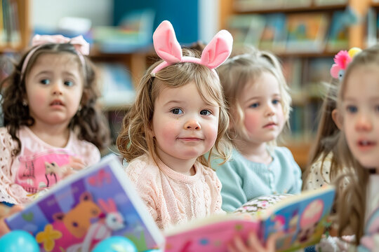 Easter-themed storytime in the library with children dressed in pastel colors