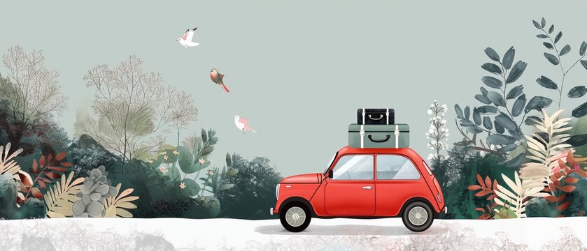 The roof of a red car is occupied by luggage. A summer family is traveling by car. Flat cartoon illustration depicting a side view of a car with many bags on top of its roof, framed by green trees.