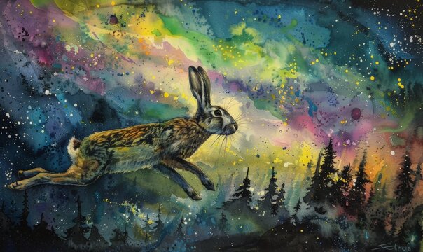 Watercolor painting of a rabbit running in the forest at night. Rabbits are herbivores only. They like to jump, run around, dig in the ground, and lie down with their legs stretched out.