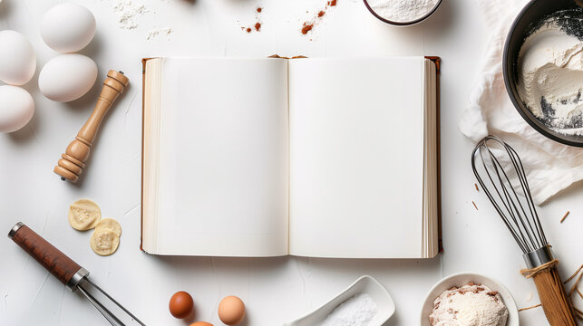 Mock-up of blank pages of an open notebook with copy-space for text on a white background with eggs, flour, cooking and baking stuff and ingredient ornaments decoration.