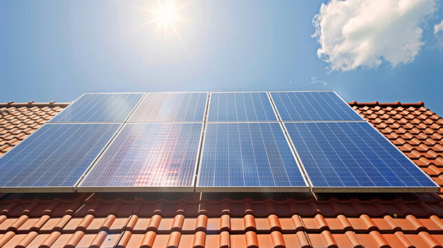 Sun shining on solar panels on top of a roof, photovoltaic as environmental friendly alternative for generating energy