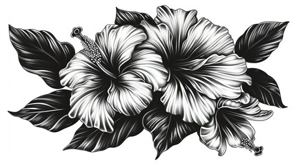 Black and white detailed drawing of hibiscus flowers. The image shows two hibiscus flowers with leaves. - obrazy, fototapety, plakaty