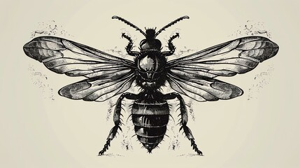Detailed drawing of a bee, with its wings spread out. The bee is facing the viewer and its body is covered in tiny hairs.