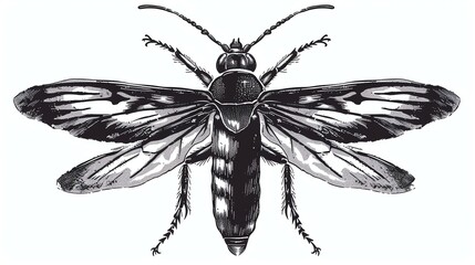 A detailed illustration of a beetle with a white background. The beetle has a long body with two large wings and a pair of antennae.